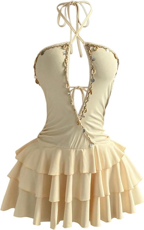 Size Medium Women's Backless Criss Cross Mini Dress Halter V Neck Ruffle Summer Short Dresses