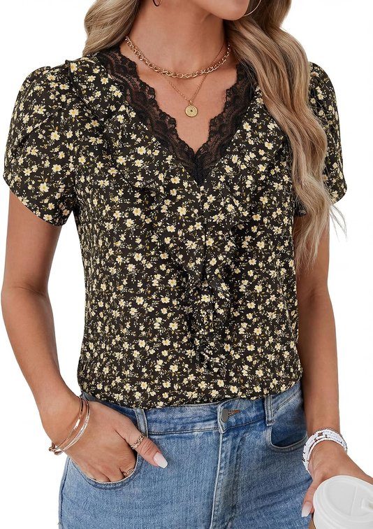 Size XS Women's Elegant Lace V Neck Petal Short Sleeve Ruffle Work Chiffon Blouse Shirt Top