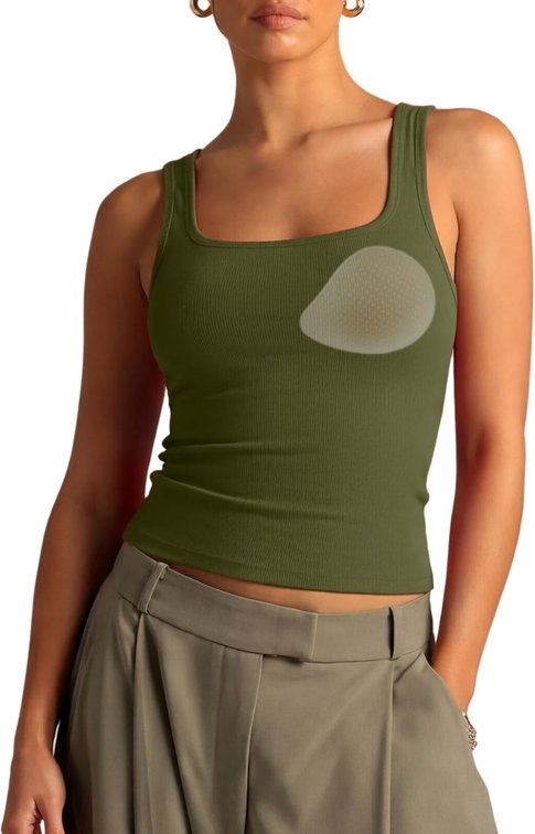 Size XL Women Cotton Rib Squre Neck Tops Sleeveless Summer Padded Basic Tank Top