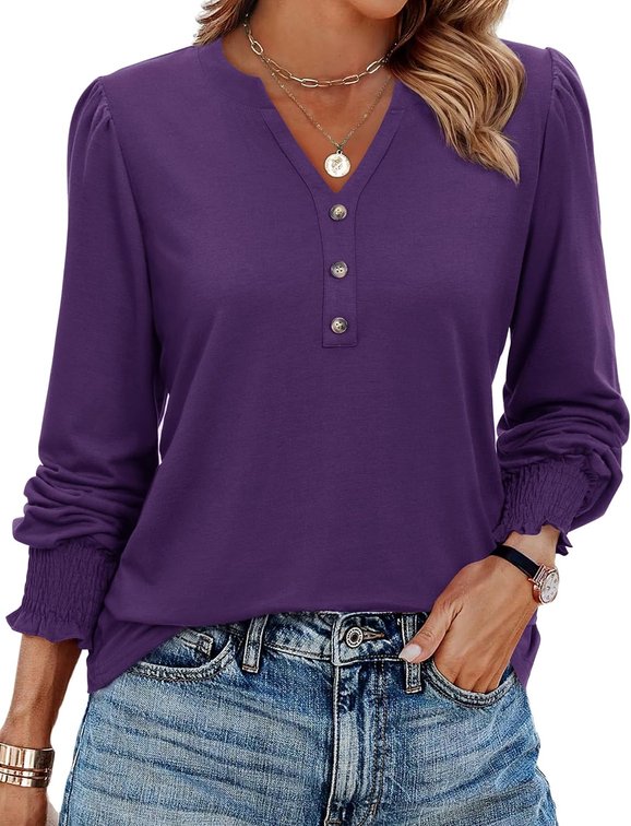 Size XL Womens Tunic Tops Dressy Casual Long Sleeve Henley V Neck Shirts for Women Button Up Blouse