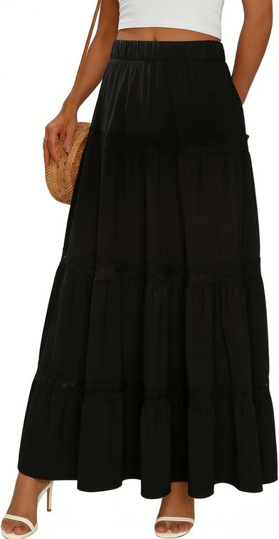 Size Large Boho Maxi Skirts for Women Summer Spring Long Flowy A Line Tiered Skirt Beach Hollow Holiday Clothes Dress