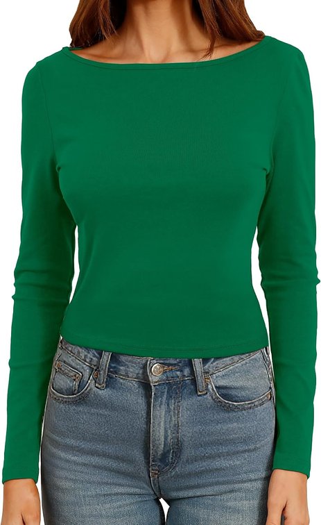 Size Small Womens Cute Boat Neck Long Sleeve Crop Tops Soft Ribbed Knited Cropped Tees