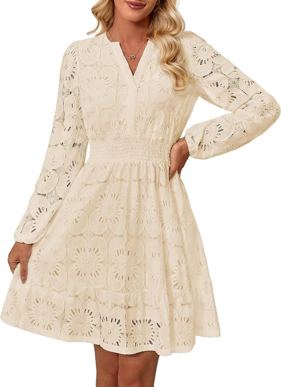 Size XL Women's Long Puff Sleeve Floral Mini Dress Fall V Neck Hollow Out Eyelet Lace Embroidery Ruffle A Line Swing Short Dresses
