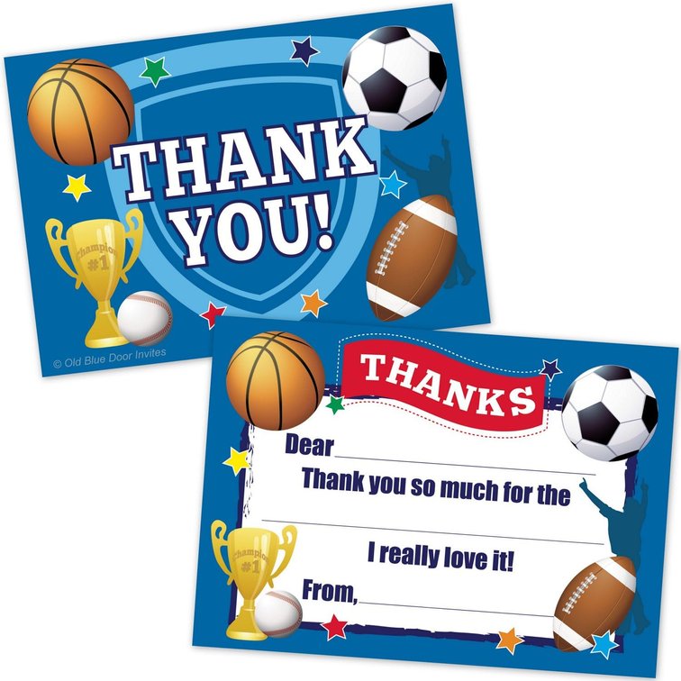 Old Blue Door Invites Sports Kids Fill In Thank You Cards - Football, Basketball, Baseball, Soccer Theme (20 Count with Envelopes)