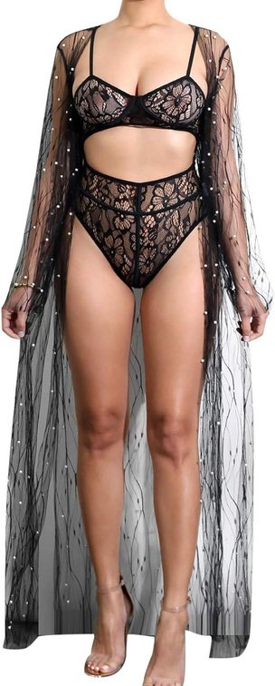 Size XL Women's See Through Lingerie with Pearl Black Sexy Robe Kimono Cardigan Exotic Long Sheer Mesh Beach Cover Up