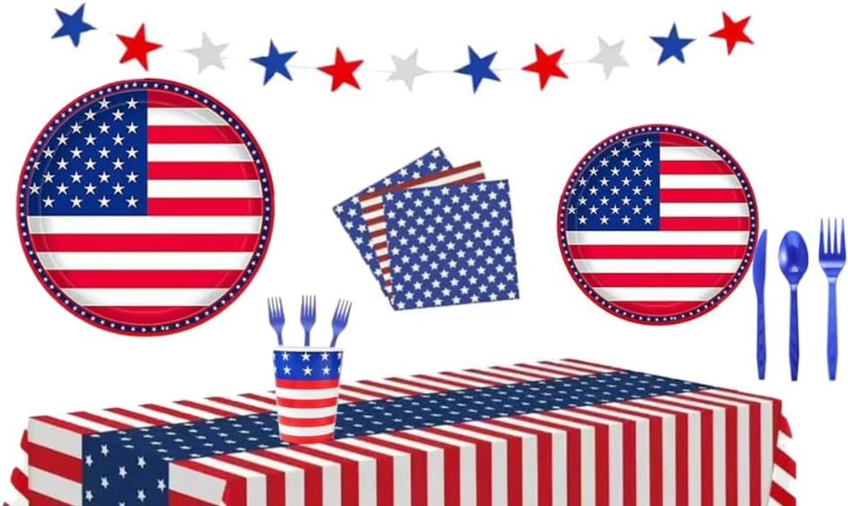 American Flag Patriotic Party Tableware Set for 25 Guests (183 Pcs) - Plates, Cups (12oz), Napkins, Cutlery (Forks, Spoons, Knives), Tablecloths, and Star Streamers - USA Themed Party Supplies