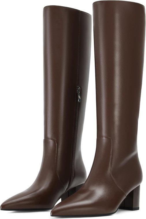 Size 8.5 Knee High Boots For Women Brown Leather Pointed Toe Side Zipper Chunky Block Low Heel Comfortable Dressy