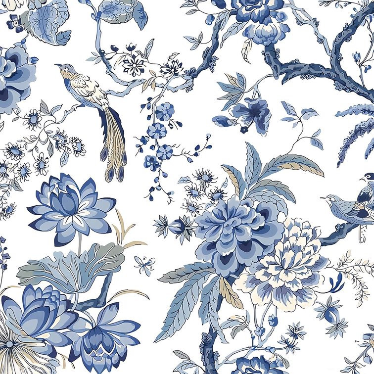 Drydiet Chinoiserie Peel and Stick Wallpaper,15.75" X 118",A,Blue and White