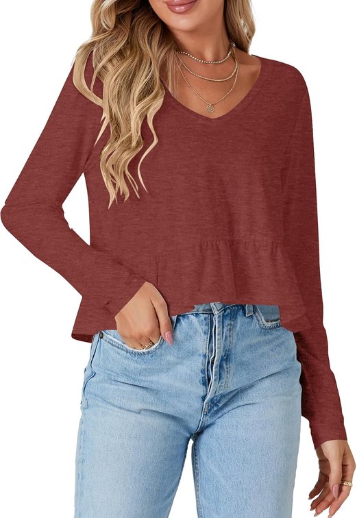 Size Small Women's V Neck Long Sleeve Peplum Babydoll Blouse Shirt Crop Top Ruffle Hem
