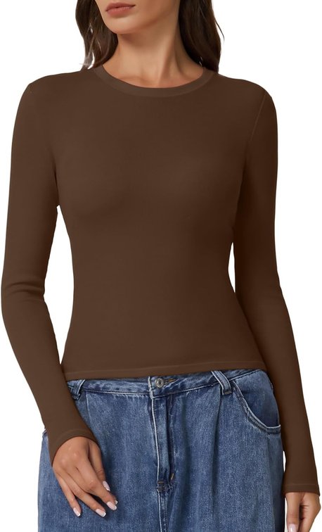 SIZE LARGE Long Sleeve Shirts for Women Crewneck Rib Knit Slim Fit Going Out Tops Casual Basic Tee