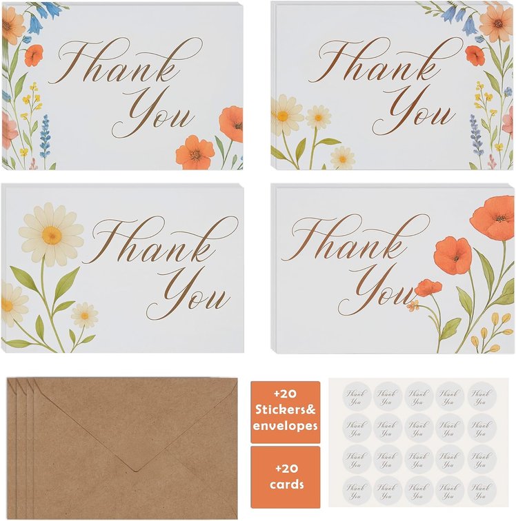 Cheerin 20 Pack Thank You Cards With Envelopes Set - Assorted Floral Thank You Notes for Wedding, Birthday and Business - Bulk Appreciation Cards 3x5 inch