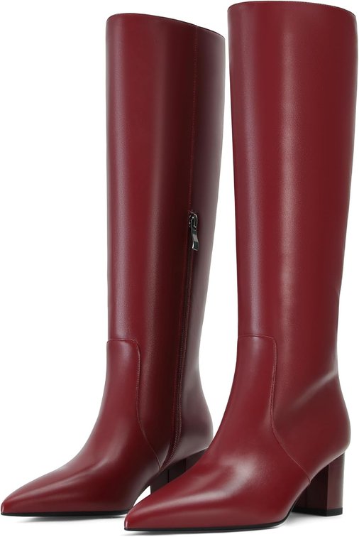 Size 7 Knee High Boots For Women Burgundy Leather Pointed Toe Side Zipper Chunky Block Low Heel Comfortable Dressy