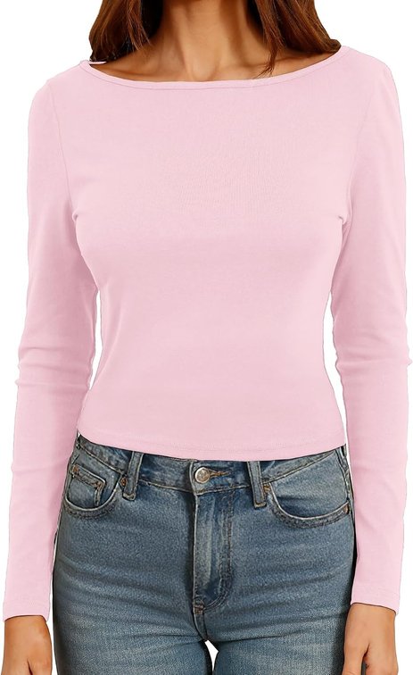 Size Large Womens Cute Boat Neck Long Sleeve Crop Tops Soft Ribbed Knited Cropped Tees