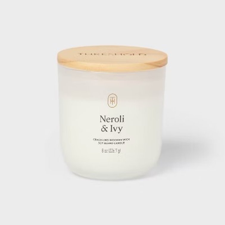 Milky Glass Wooden Wick Neroli and Ivy Jar Candle 8oz - Threshold