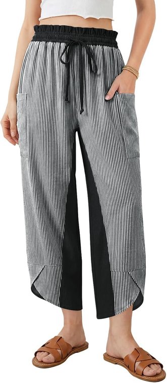 Size 2XL Womens Linen Palazzo Pants Striped Wide Leg Casual Capri Pant Drawstring Summer Harem Pants with Pockets