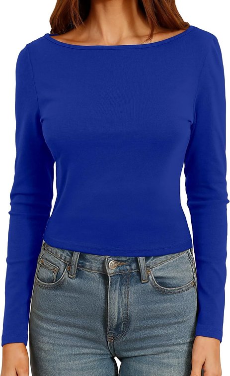 Size Large Womens Cute Boat Neck Long Sleeve Crop Tops Soft Ribbed Knited Cropped Tees