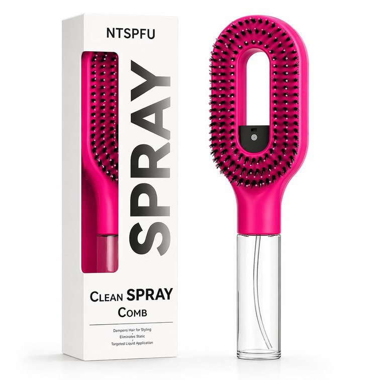 2-in-1 Manual Misting Hair Brush with Water Spray for Detangling, Red