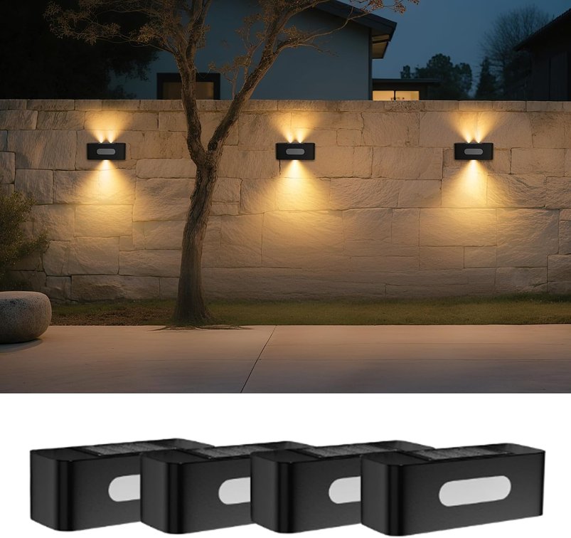 Solar Fence Lights 4 Pack, Solar Wall Lights Waterproof Outdoor Up and Down Lighting for Outside, Garden, Walkway, Door, Porch, Deck-(Warm White)
