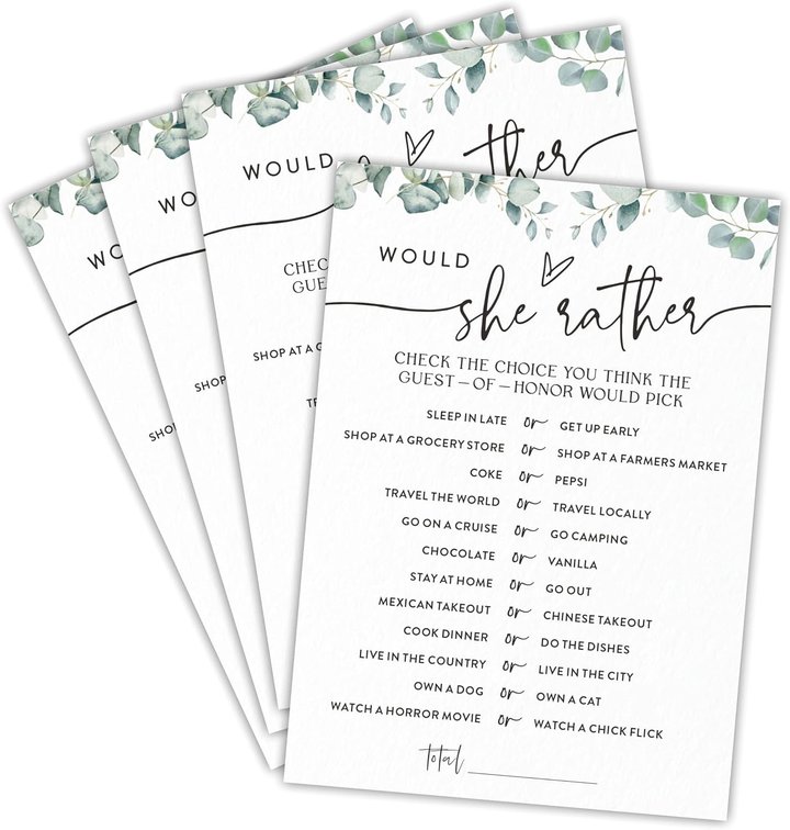 Would She Rather Bridal Shower Game - Greenery Eucalyptus - 30 Pcs Double-Sided Fill-In Wedding Game Cards For Newlyweds, Engagement Party Activities & Decorations -B01