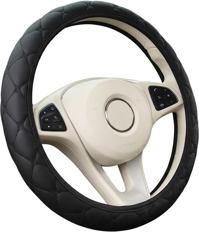 Elastic Stretch Steering Wheel Cover, PU Leather Anti-Slip Grip Cover with Star Stitch Breathable Design, Universal Fit 37-38cm (14.5-15inch), Easy Install No Tools, Black