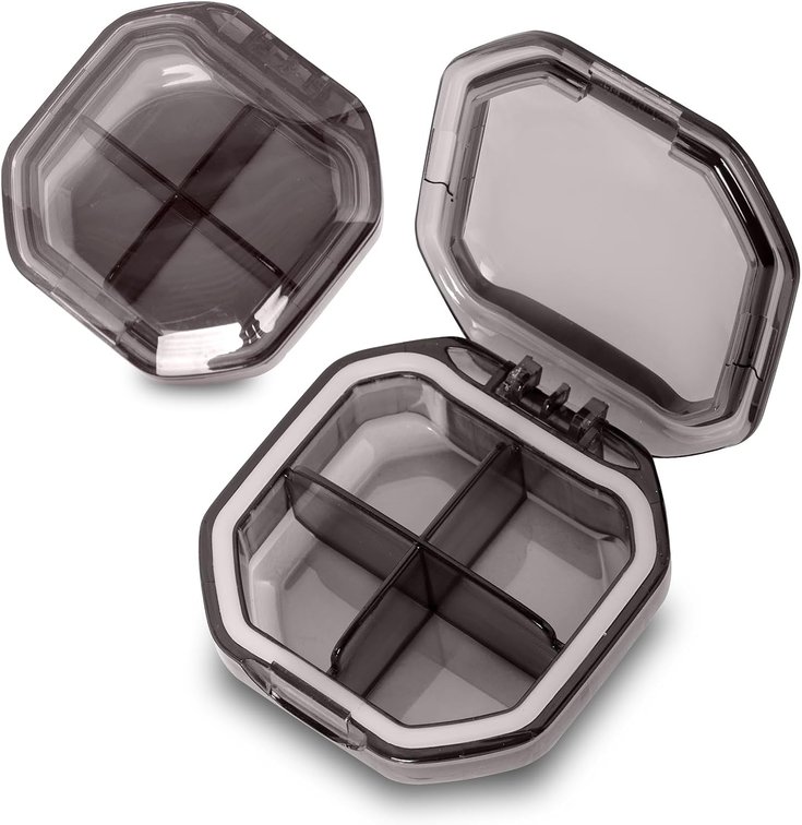 2 Pack Small Pill Organizer, 4 Compartment Pill Box for Travel, 2-Inch Portable Pocket Pill Case for Purse, Vitamin & Supplement Medication Organizer, Travel Essentials Container (Grey+Grey)