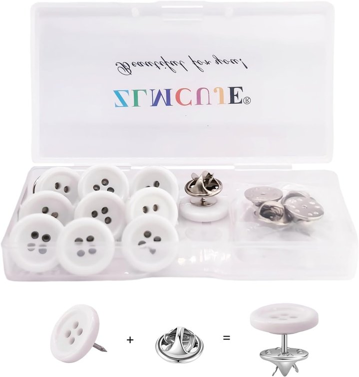 ZLMCUJE 10 Sets 15mm(3/5") 4-Hole White Resin Button,Safety Pins,No Sewing,No Tool,Reusable for Clothes(Shirts,Cardigans,Pants,ect.) DIY Crafts