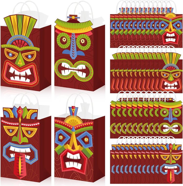 Yexiya 48 Pack Hawaiian Luau Paper Gift Bags with Handles, Tropical Tiki Tribal Mask Party Favor Bags, Reusable Summer Birthday Candy Treat Party Favor Supplies