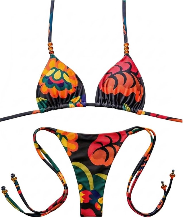 Size Medium Women's 2 Piece Boho Bikini Sets Spaghetti Strap Beaded Swimsuits Triangle Cheeky Bathing Suits