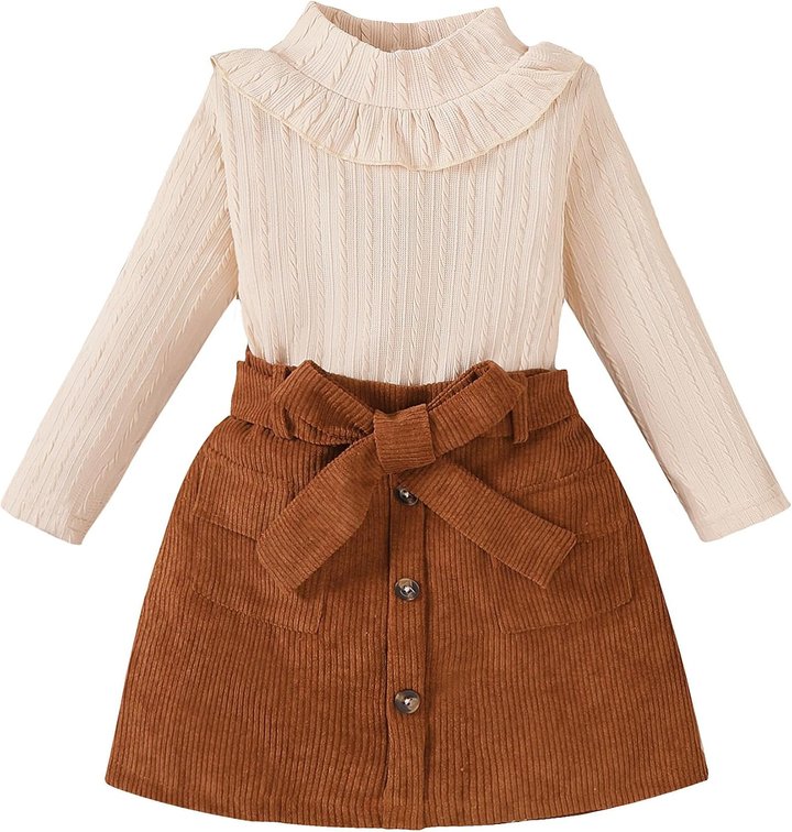 Size 3/4 Years Toddler Girl Clothes Sets: Long Sleeve Ribbed Tops Button Mini Skirts Set Fall Winter Outfits for Toddler 2-7 Years