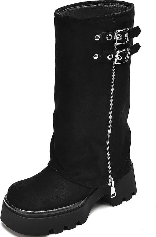 size 7 - Women's Knee High Moto Riding Boots, Fold Over Block Heel Platform