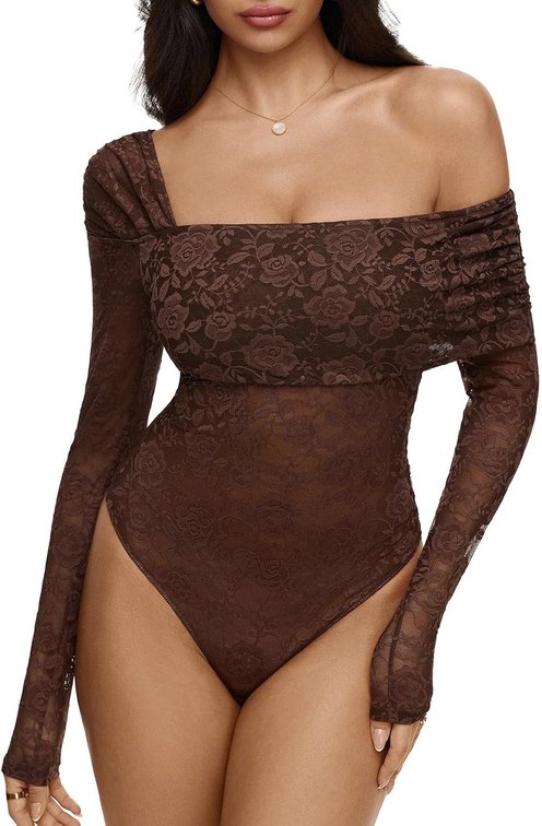 size large - REORIA Sexy Lace Bodysuit One Shoulder Bodysuit Long Sleeve Bodysuits for Women Going Out Y2K Clothes 2025