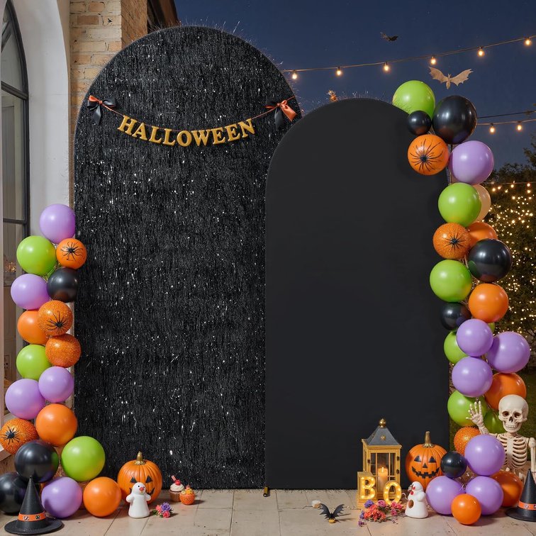 Set of 2 Black Arch Backdrop Cover 6.6ft 5ft, Dual-Sided Metallic Sparkle Tassel/Spandex Balloon Arch Cover, Round Top Chiara Backdrop Stand Cover for Wedding, Birthday Party, Baby Shower, Prom Decor
