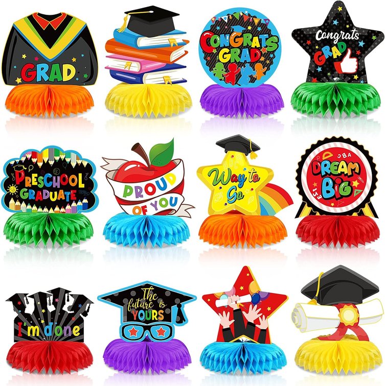 Outus 12 Pcs Preschool Graduation Party Decorations 2026 Kindergarten Graduate Party Honeycomb Centerpieces Congrats Grad Table Toppers for Class of 2026 Elementary Celebration Graduation(Diverse)