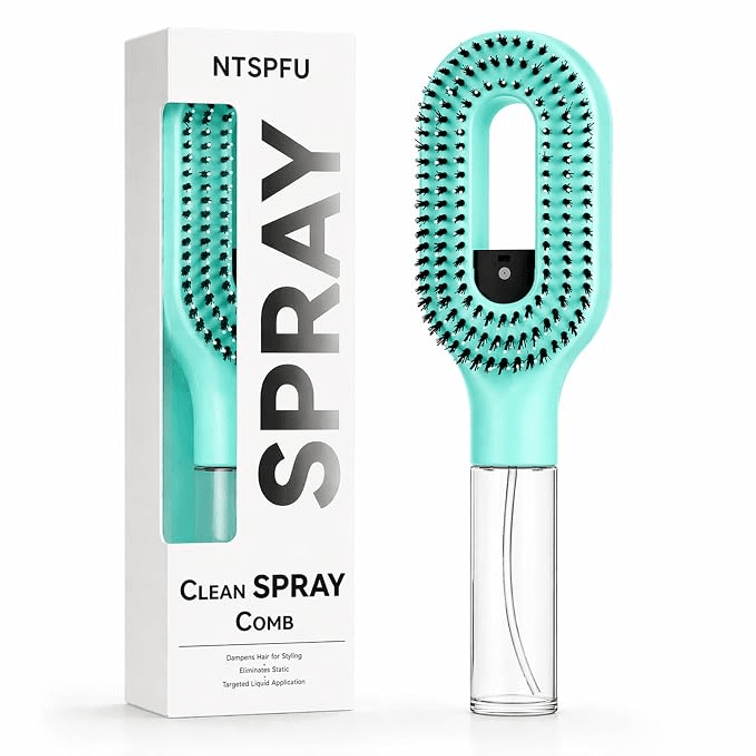 2-in-1 Manual Misting Hair Brush with Water Spray for Detangling, Green
