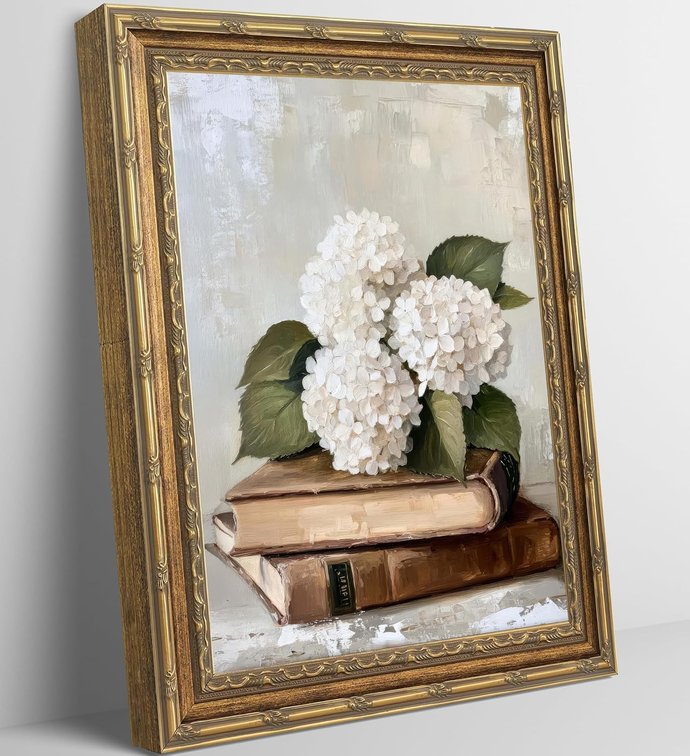 Gold Vintage Framed Floral Book Wall Art Rustic Bookish Hydrangea Painting Picture Wall Decor Elegant Cottage Flowers Poster Print Artwork for Library Reading Room Nook Corner Classroom Home Decoration