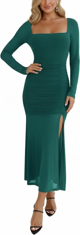 Size Medium Hocuos Women's Long Sleeve Square Neck Ruched Bodycon Split Maxi Dresses