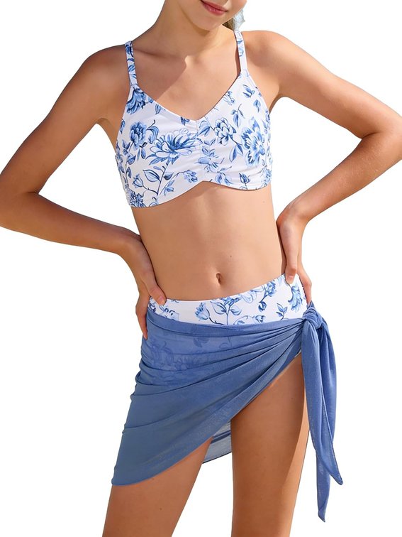 Size 8 Years GRACE KARIN Girls Swimsuit Bikini Bathing Suit for Teens Ruched Tankini Beach Hawaii Swimwear with Cover Up Skirt 8-16Y