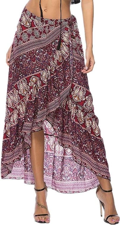 One Size Fits Most Women Boho Print High Waist Side Wrap Bohemian Asymmetric Hem Maxi Long Skirt One Size
