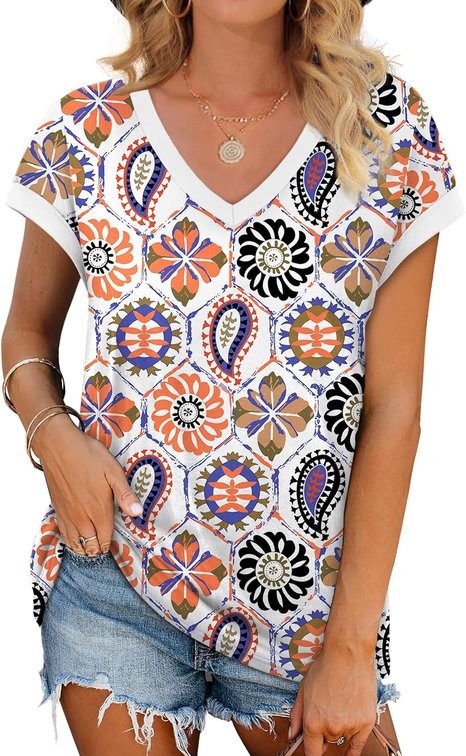 Size Large Womens Summer Tops 2026 Cap Short Sleeve Shirs V Neck T Shirts Fashion Beach Vacation Clothes Color Block