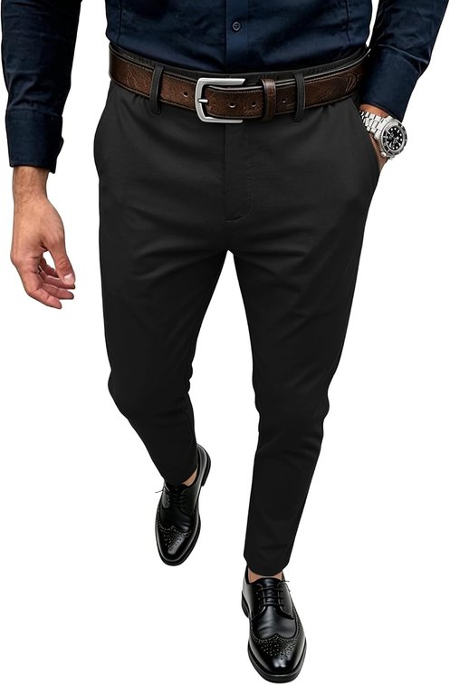 Size 36x30 Mens Dress Pants Formal Slim Fit Trousers Stretch Expandable Waist Suit Pants Skinny Tapered Slacks with 4 Pockets Black, 36W30L