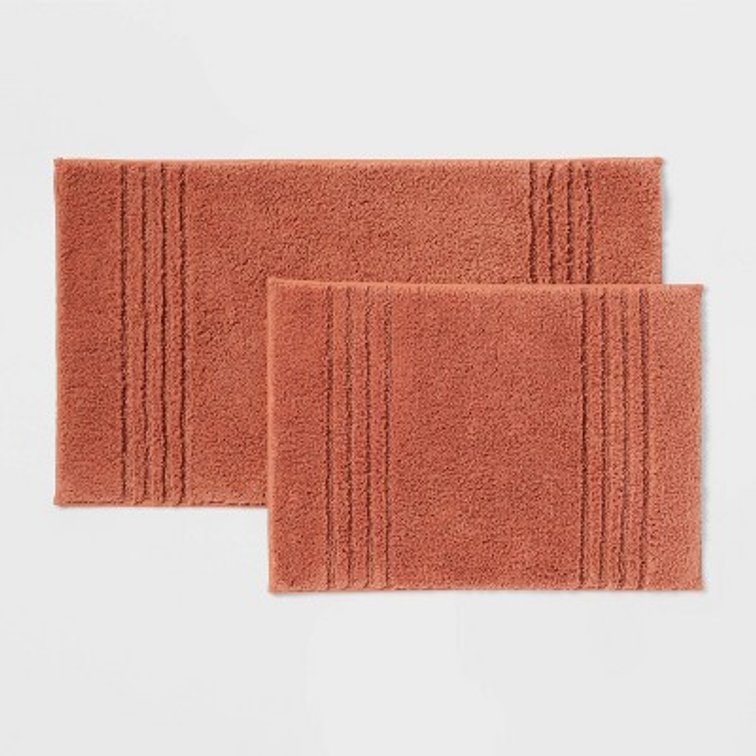 2pc 17"x24" and 20"x34" Performance Plus Textured Cotton Striped Non Skid Bath Rug Set Terracotta - Threshold
