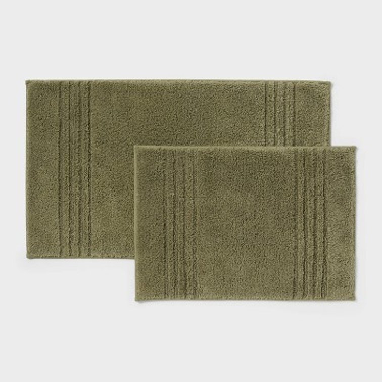 2pc 17"x24" and 20"x34" Performance Plus Textured Cotton Striped Non Skid Bath Rug Set Moss Green - Threshold