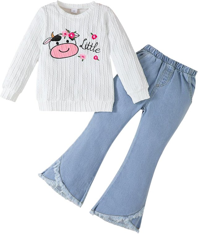 Size 4 Years Toddler Girl Clothes Long Sleeve Top and Flare Jeans 2 Piece 2-8Y