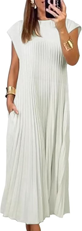 Size Small Women's Summer Pleated Maxi Dress 2024 Casual Cap Sleeve Loose Fit Flowy Long Dresses with Pockets