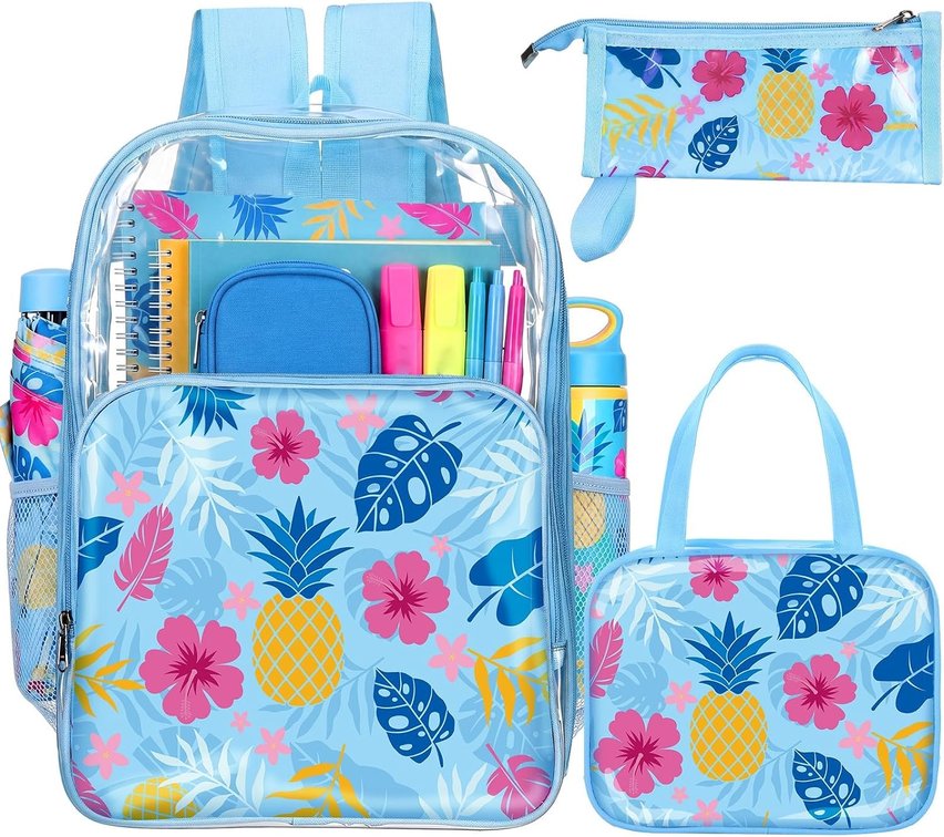 Kacctyen 3 Pcs Clear Backpack Heavy Duty Clear Stadium Bag Transparent Backpack with Lunch Bag(Blue and Pink,Hawaii)