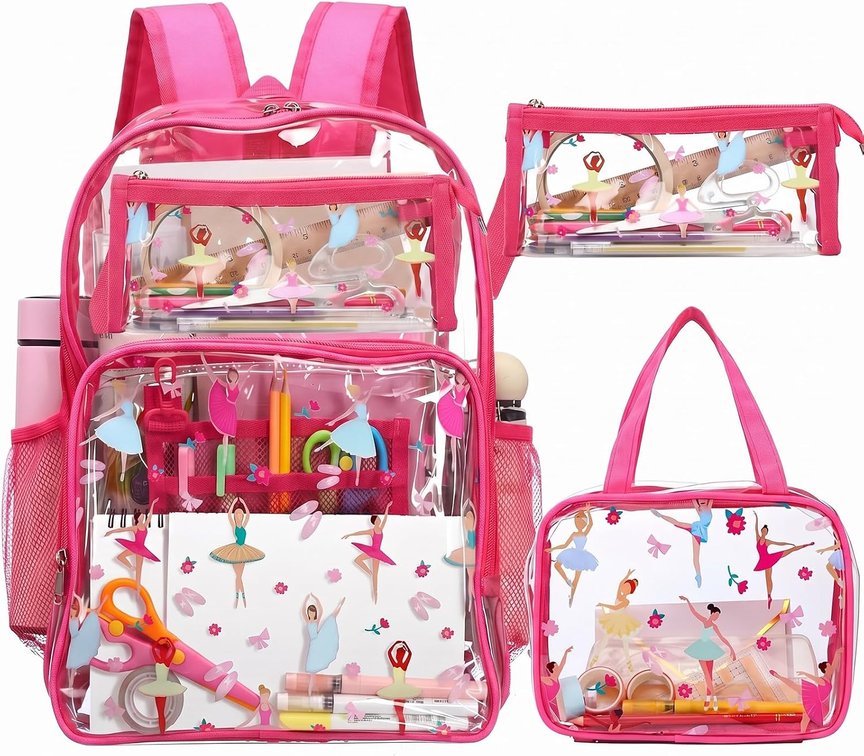 Kacctyen 3 Pcs Heavy Duty Clear Backpack Set,Pink,Ballet