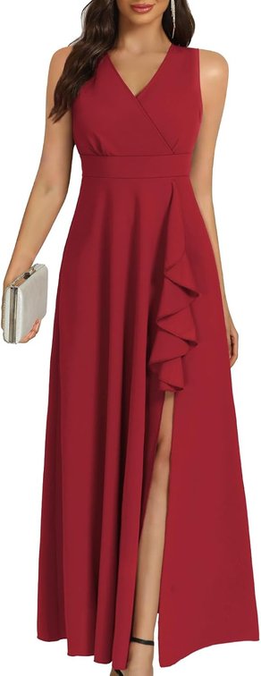 Size 2XL Women's Black Long Formal Dresses Cocktail Wedding Guest Dress Ruffle Split Elegant V Neck Party Gowns