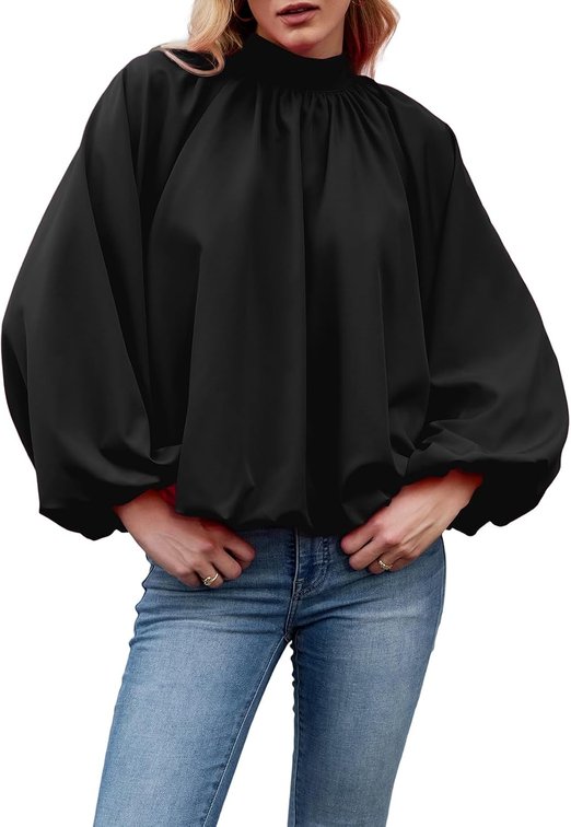 Size Small Womens Mock Neck Pleated Blouse Open Back Bow Tie Long Puff Sleeve Loose Fit Casual Shirt Cute Tops Fall
