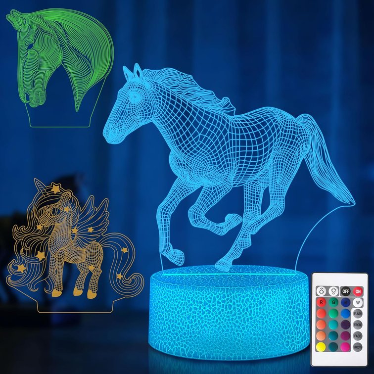 Horse Gifts for Girls Lovers Ages 6-12, 3D Illusion Lamp 16 Colors Remote Control 3 Patterns, Horse Decor Bedroom Night Light for Girls Room, Holiday Birthday Present for Kids