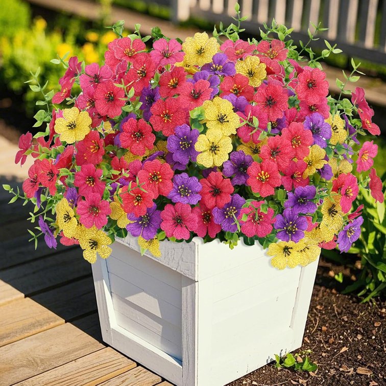 Colorful Artificial Flowers for Outdoors Fake Plastic Flowers 14 Bundles Faux Colorful Daisy Eucalyptus for Outside Porch Patio Garden Decor (4 Mix Colors)